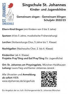 Kinderchöre musikalische Früherziehung und Eltern-Kind-Singen in der Singschule St. Johannes München 2022/23 Anmeldung